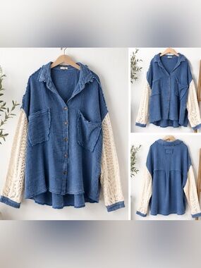 💙🤍POL Mixed Media Crochet Knit Oversized Button Down Top — Size L
